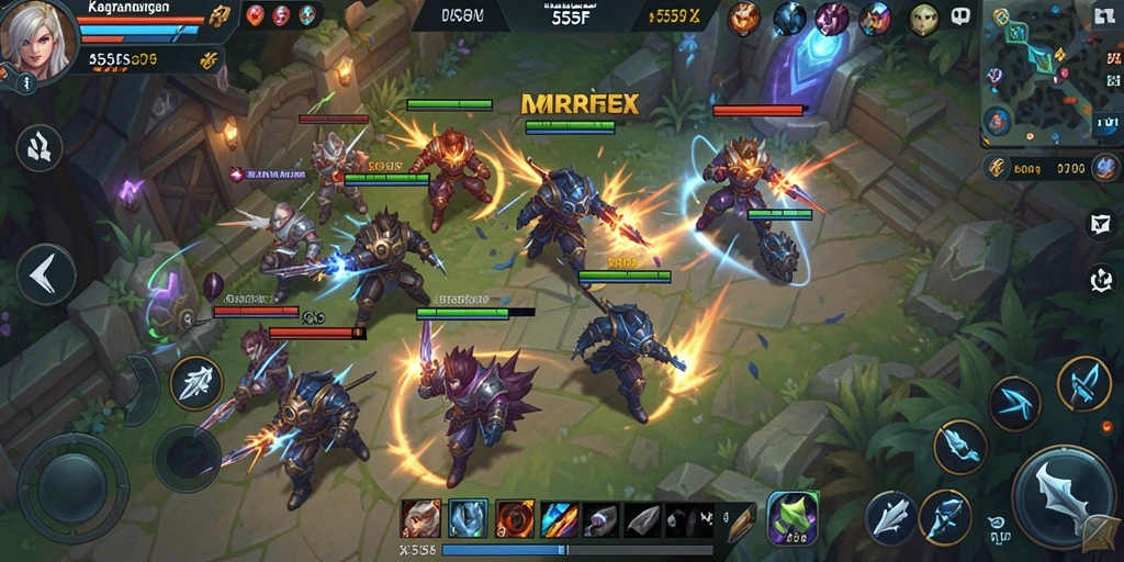 Tampilan aksi seru dalam gameplay MOBA 555F dengan karakter yang beragam.
