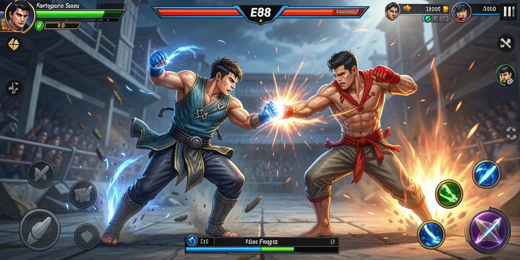 Tangkapan layar gameplay E88 dengan aksi pertarungan mendebarkan.