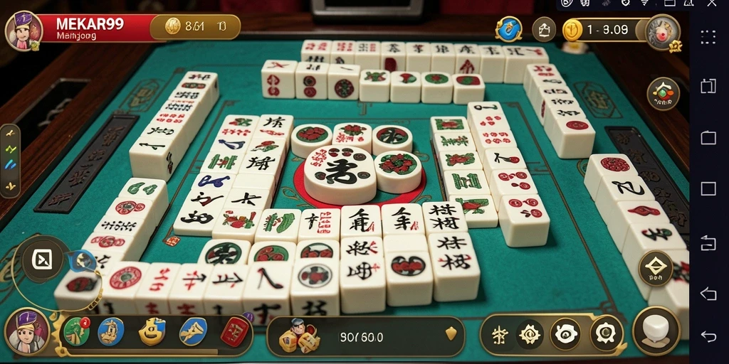 Tampilan gameplay seru di MEKAR99 dengan ubin Mahjong berwarna-warni.